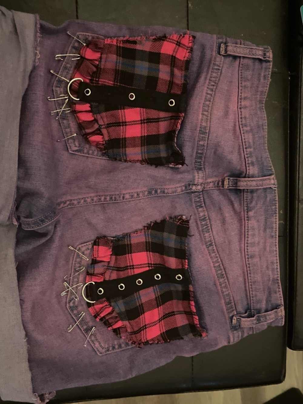 Pink Denim Jean Shorts with Pink Plaid Pocket Accents